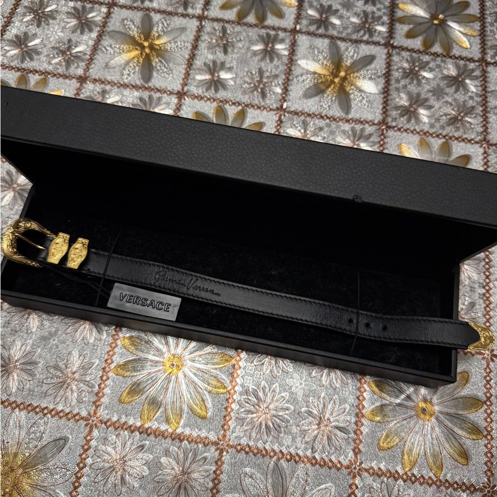 Versace Medusa Western Black Leather Gold Brass Buckle Bracelet
